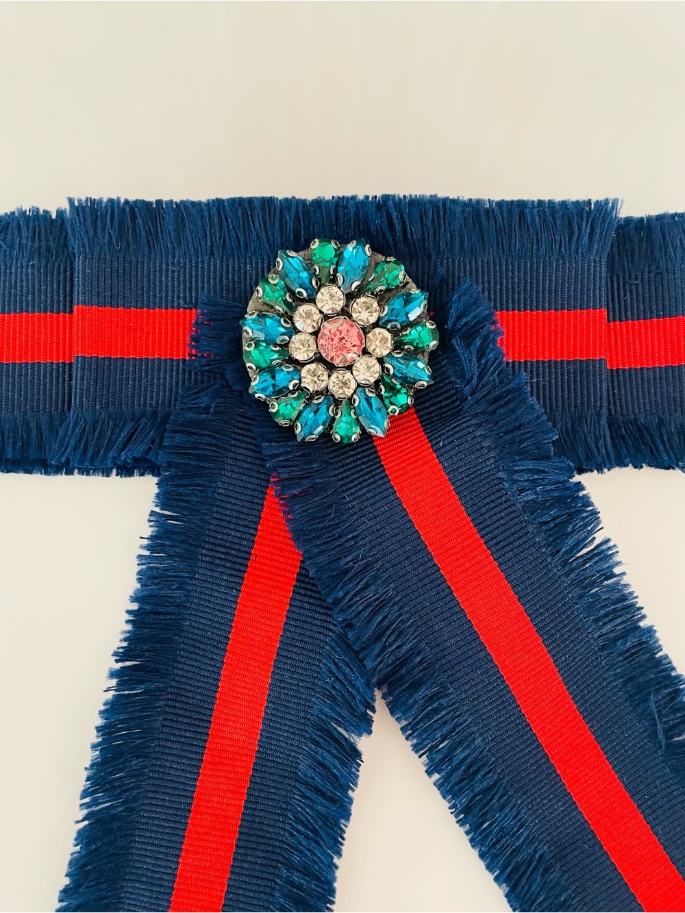 BROOCH GUCCI STYLE Navy blue Red Ribbon Brooch Teal Crystal Accent bow stripe